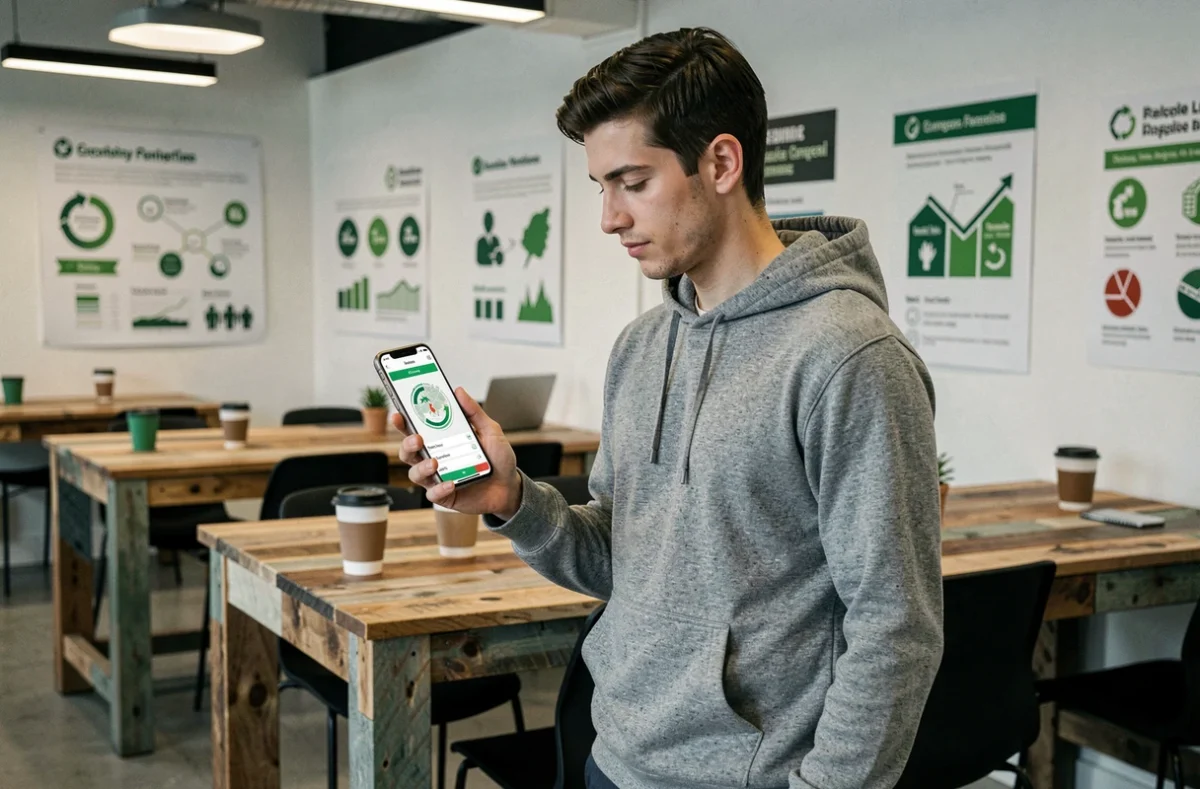 Jeune homme consultant une application d'économie circulaire et de troc sur smartphone dans un espace de coworking