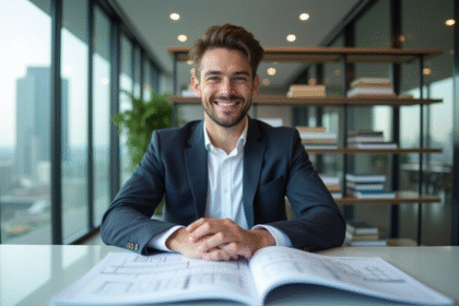 Jeune homme en bureau avec plans et livres immobiliers