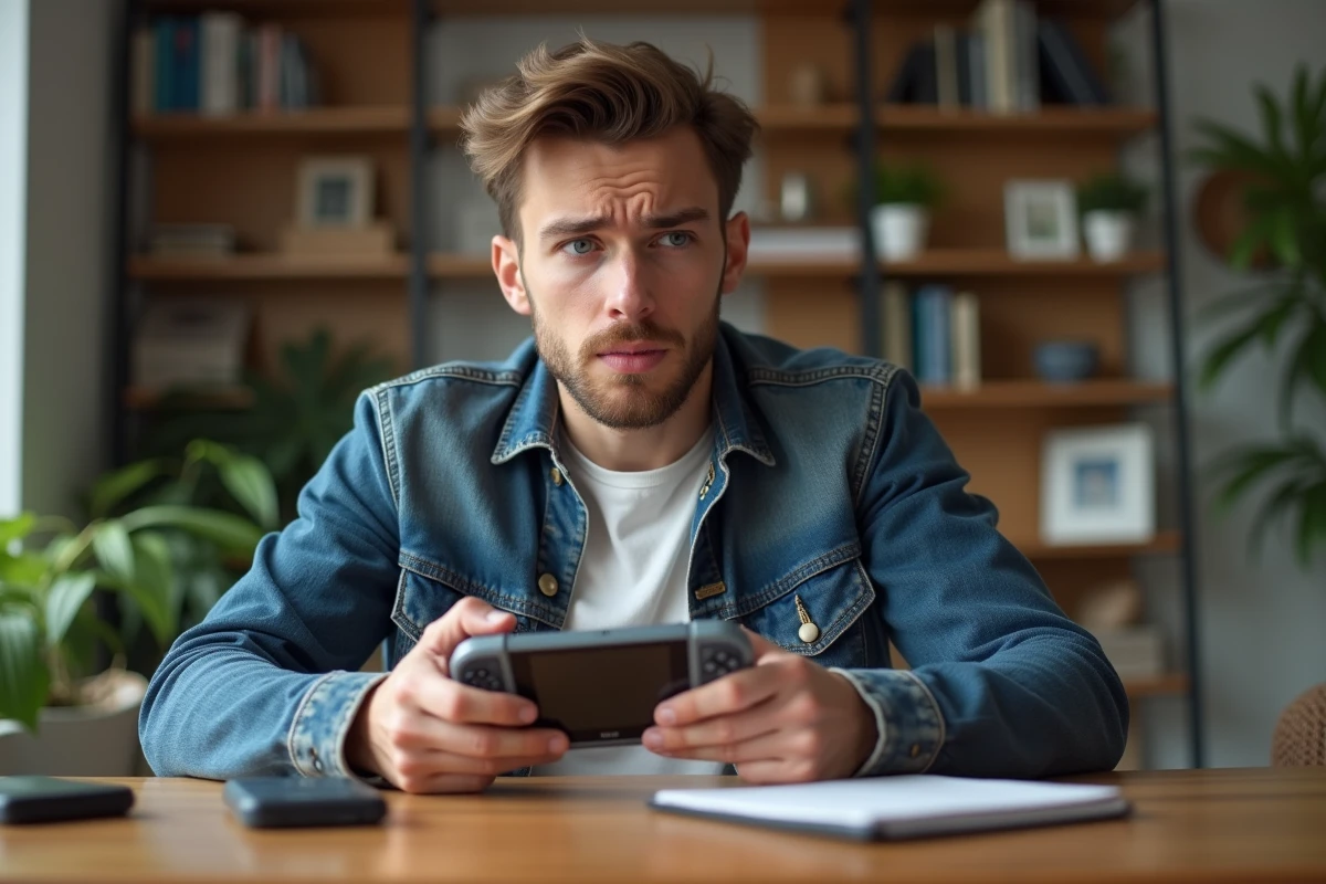 Jeune homme avec console rétro dans un salon cosy