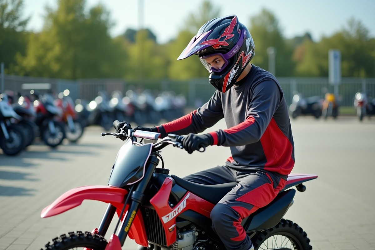 Jeune homme en motocross inspectant une moto 125cc neuve