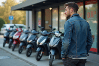 Jeune homme examine motos 50cc devant un concessionnaire
