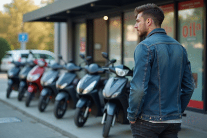 Jeune homme examine motos 50cc devant un concessionnaire