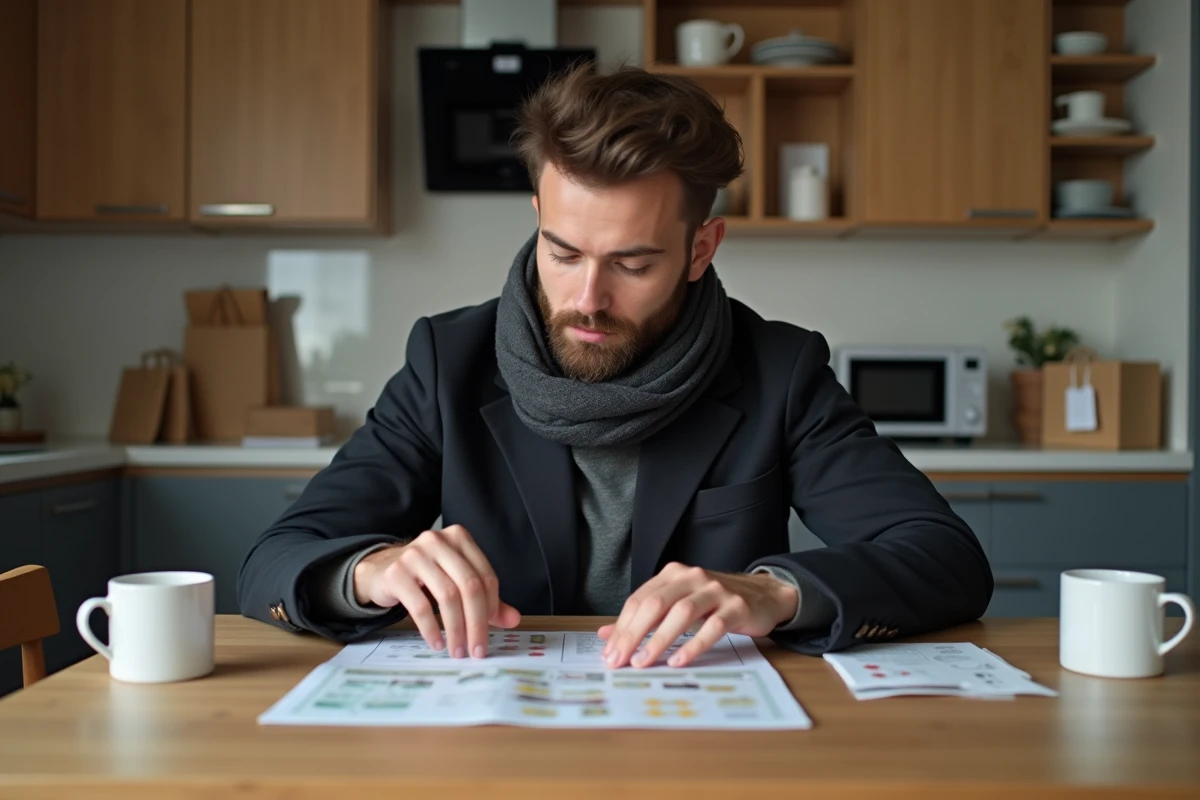 Jeune homme trie ses stickers de fidélité à la maison