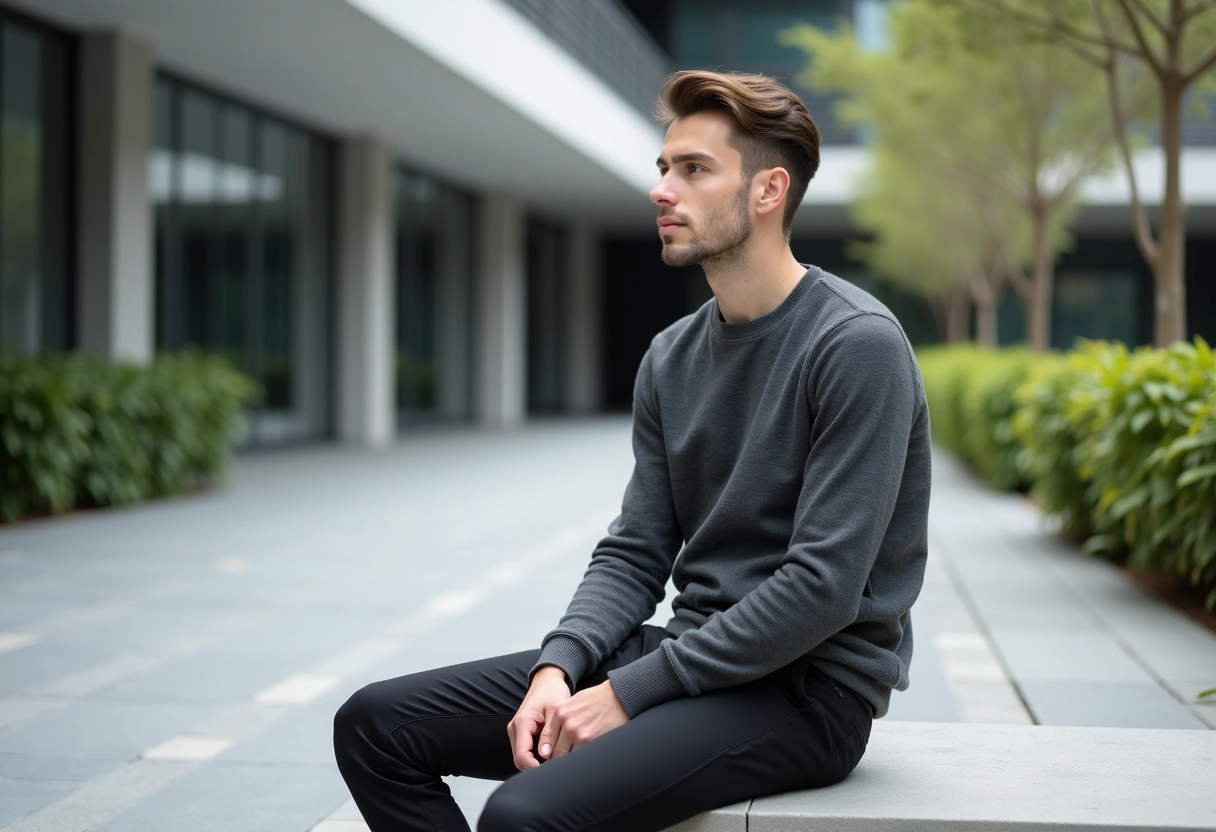 Jeune homme en pull gris assis en ville