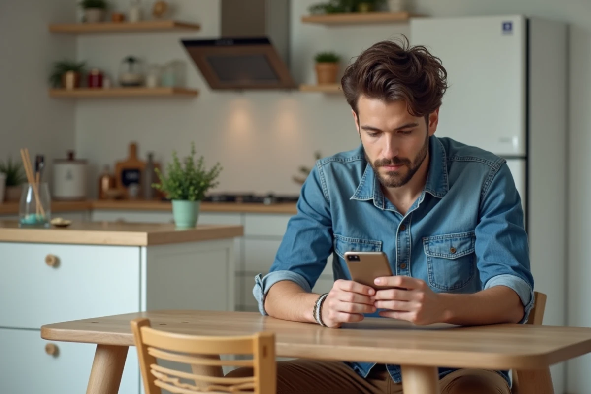 Jeune homme en cuisine utilisant son smartphone pour jouer à Monopoly Go