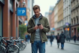 Jeune homme urbain utilisant son smartphone dans la ville