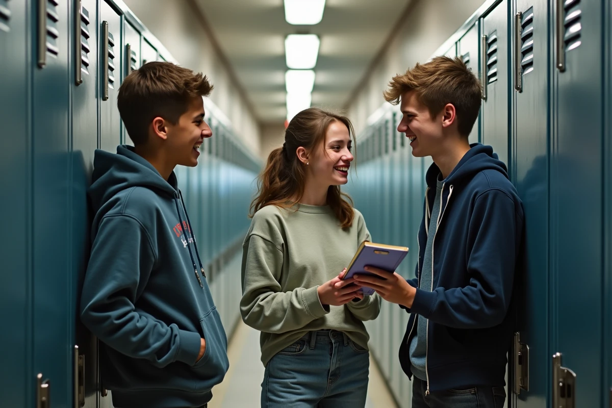 Trois adolescents riant dans un couloir de lycée