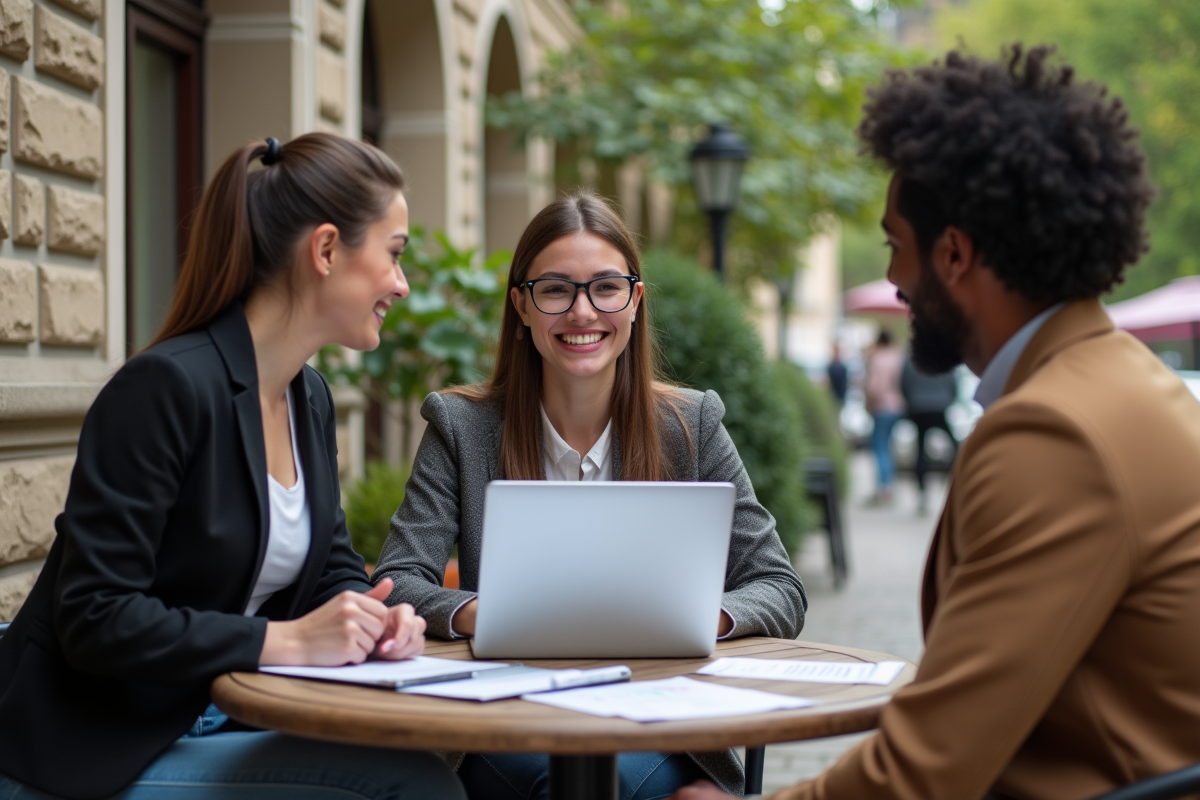 Groupe de jeunes professionnels discutant en terrasse urbaine