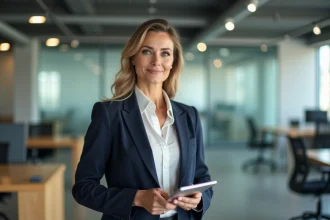 Johanna Giglia, professionnelle en blazer marine, dans un bureau moderne avec des collègues en arrière-plan flou