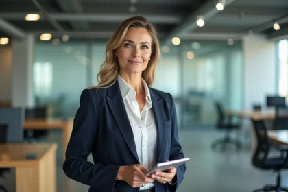 Johanna Giglia, professionnelle en blazer marine, dans un bureau moderne avec des collègues en arrière-plan flou