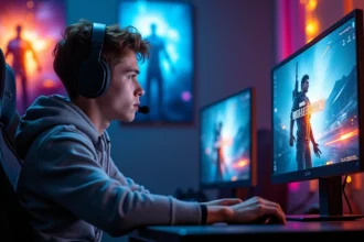 Jeune homme avec casque gaming devant un moniteur FPS