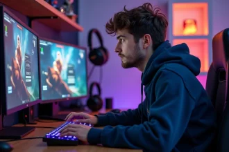 Joueur concentré analysant une composition TFT sur double écran dans une salle de gaming professionnelle
