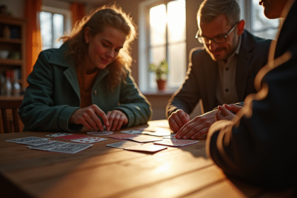 Deux personnes jouent à la Crapette à la maison dans une ambiance chaleureuse