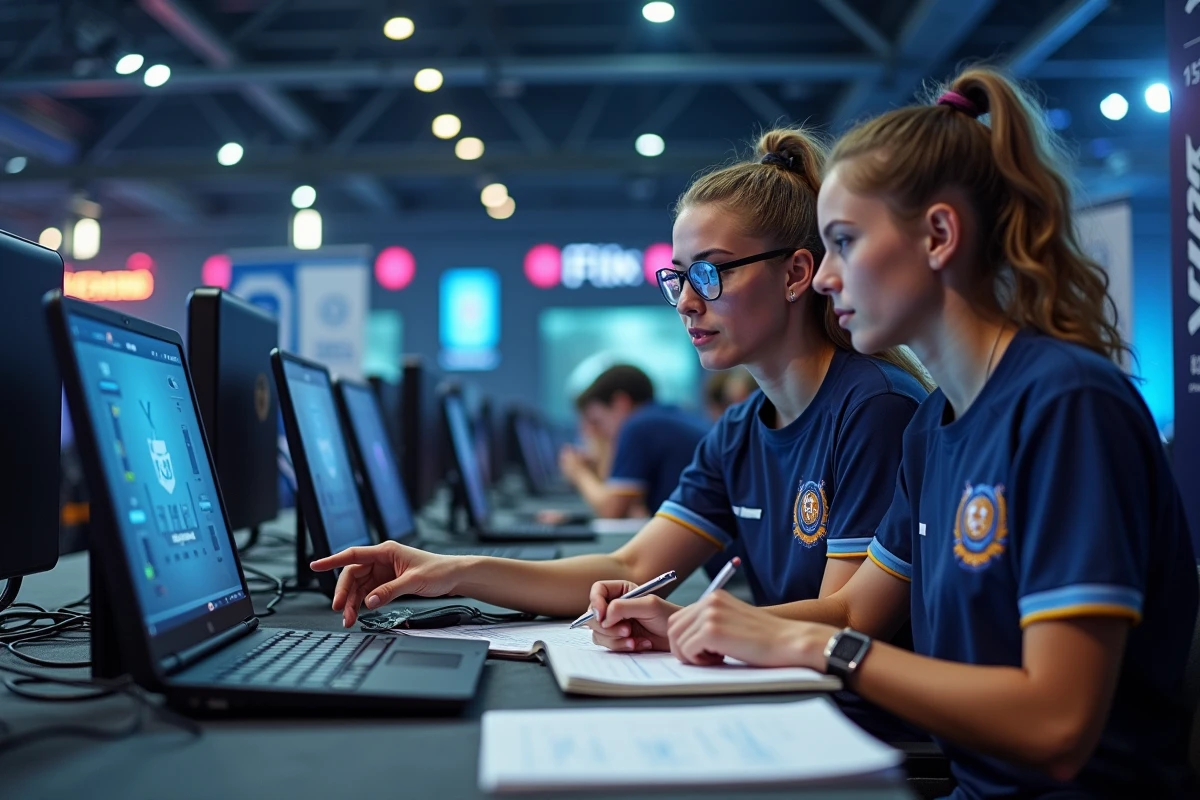 Deux joueuses esport discutant d'une stratégie de draft TFT lors d'un tournoi compétitif