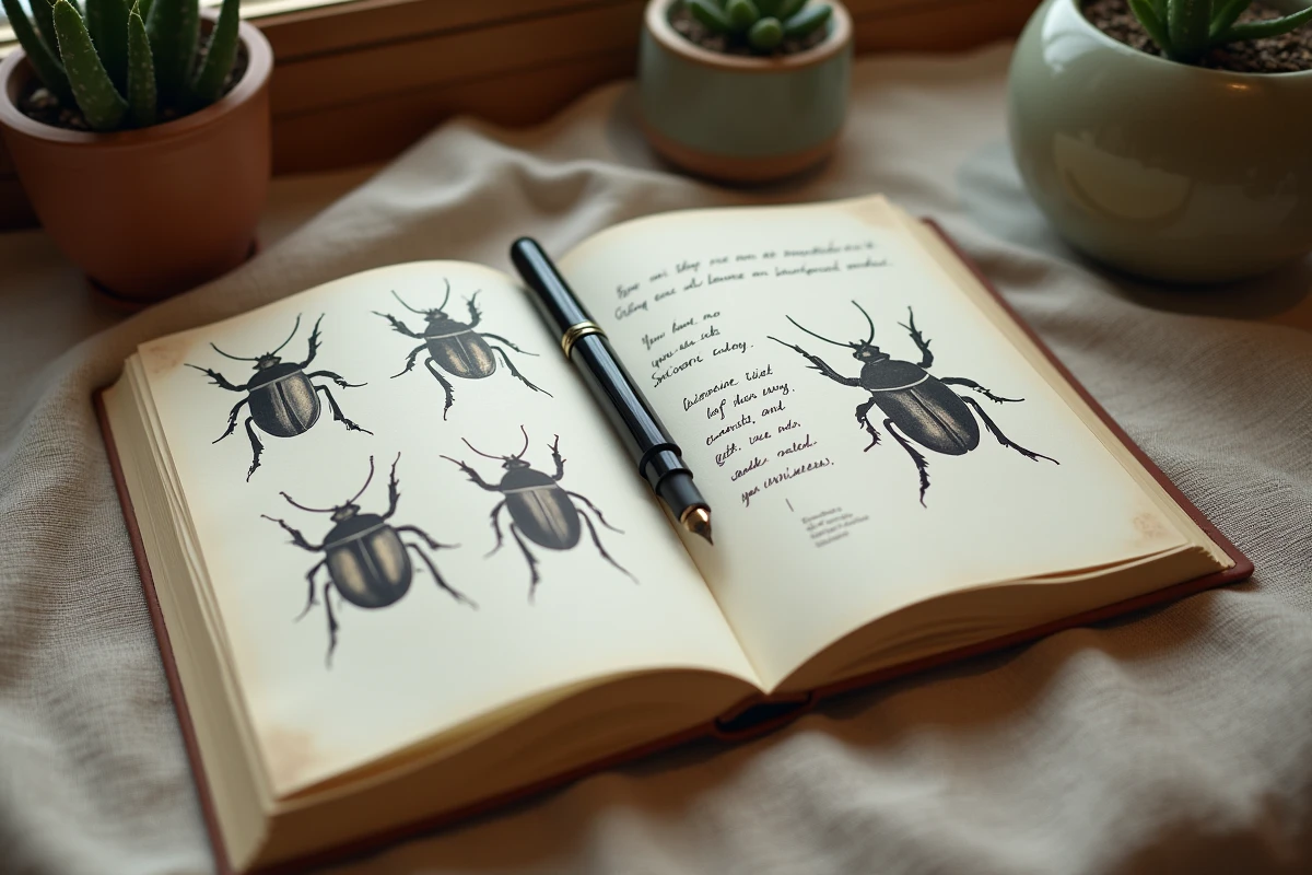 Journal ouvert avec croquis de scarabées et notes manuscrites sur les synchronicités et le symbolisme spirituel, posé sur une nappe en lin
