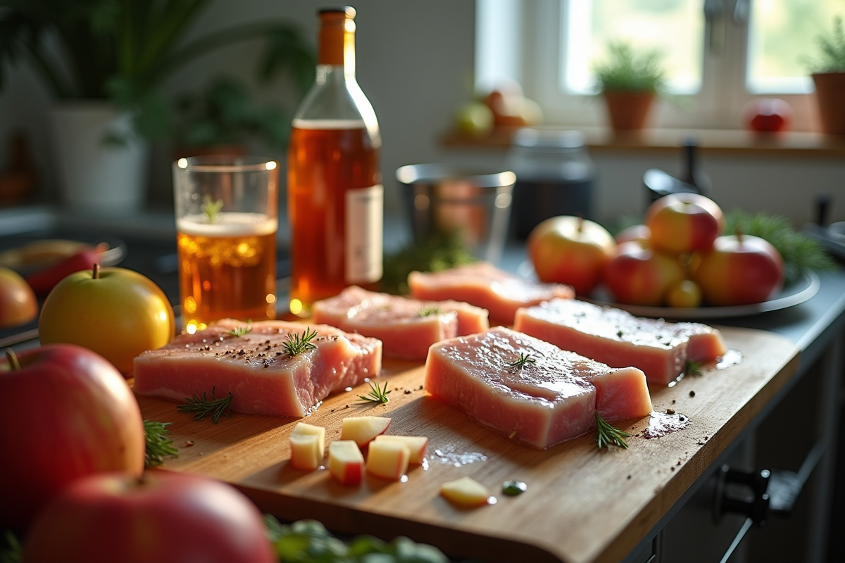 Cuisses de lapin fraîches marinant avec pommes et cidre en cuisine