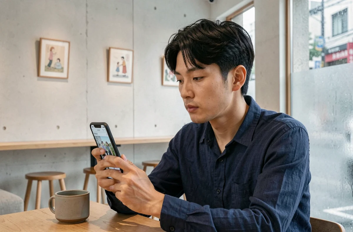 Homme coréen lisant un webtoon sur son smartphone dans un café moderne de Séoul avec des illustrations murales en arrière-plan