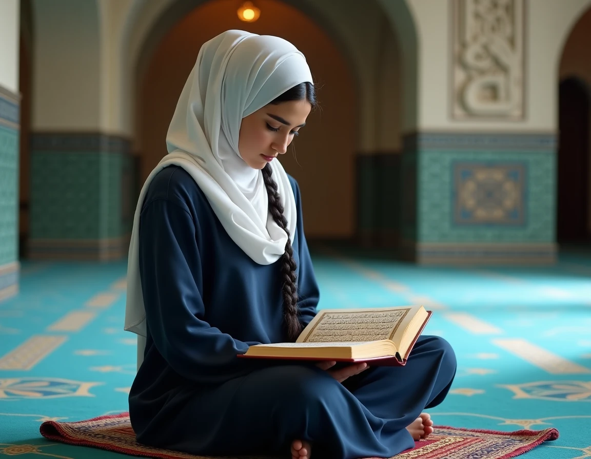 Jeune femme lisant le Coran sur un tapis de prière dans une mosquée ornée de carreaux géométriques