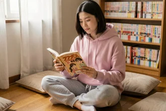 Jeune femme lisant un manga yaoi dans sa chambre cosy entourée d'étagères remplies de volumes japonais
