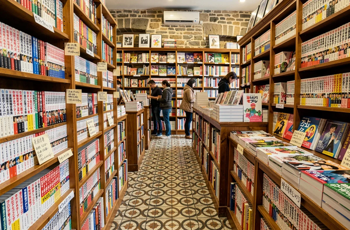 Librairie indépendante parisienne avec des rayons mêlant manga japonais, webtoons coréens et bandes dessinées françaises dans une ambiance chaleureuse et vintage