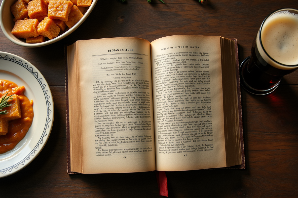 Livre ancien sur la culture belge avec carbonade et bière
