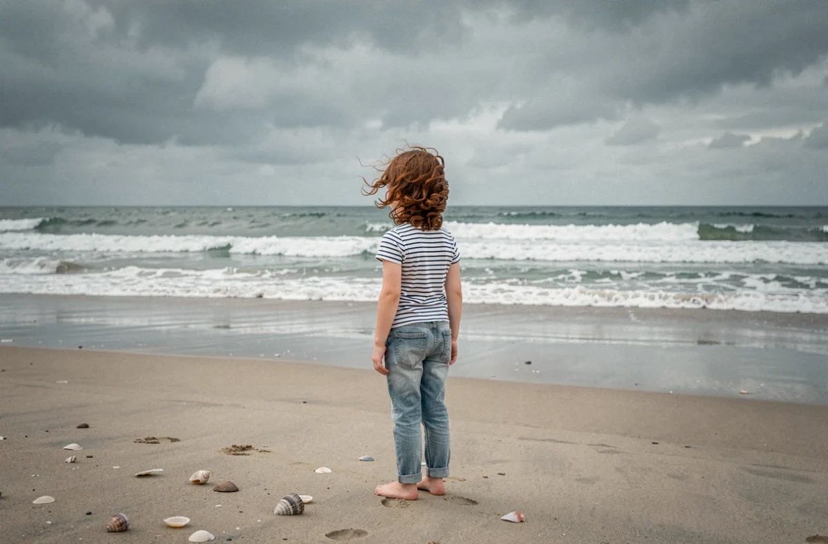 Jeune fille de dos regardant l'océan Atlantique sur une plage française, image poétique évoquant Lola, la fille inspiratrice de la chanson Morgane de toi de Renaud
