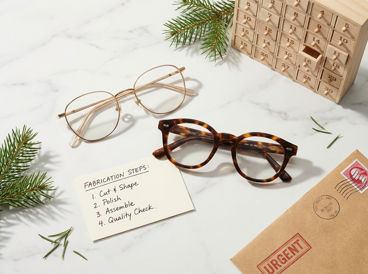 Lunettes et note manuscrite des délais de fabrication sur marbre blanc pour commande de Noël