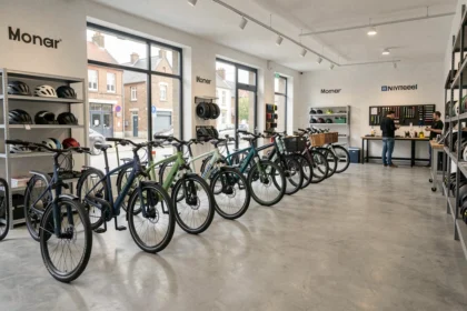 Vue panoramique d'un magasin de vélos électriques en Seine-Maritime avec une gamme variée de VAE exposés en showroom