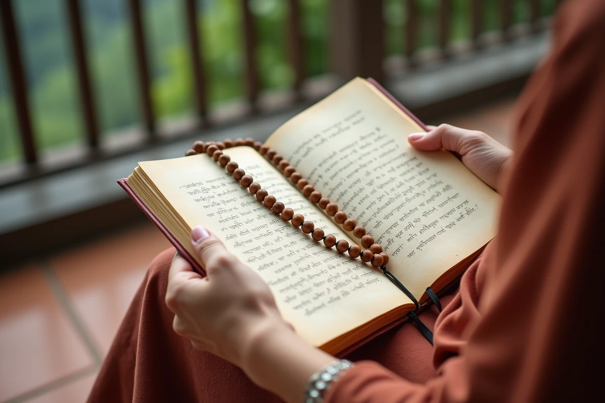 Gros plan de mains tenant un journal avec des symboles de mantra en sanskrit et un mala rudraksha