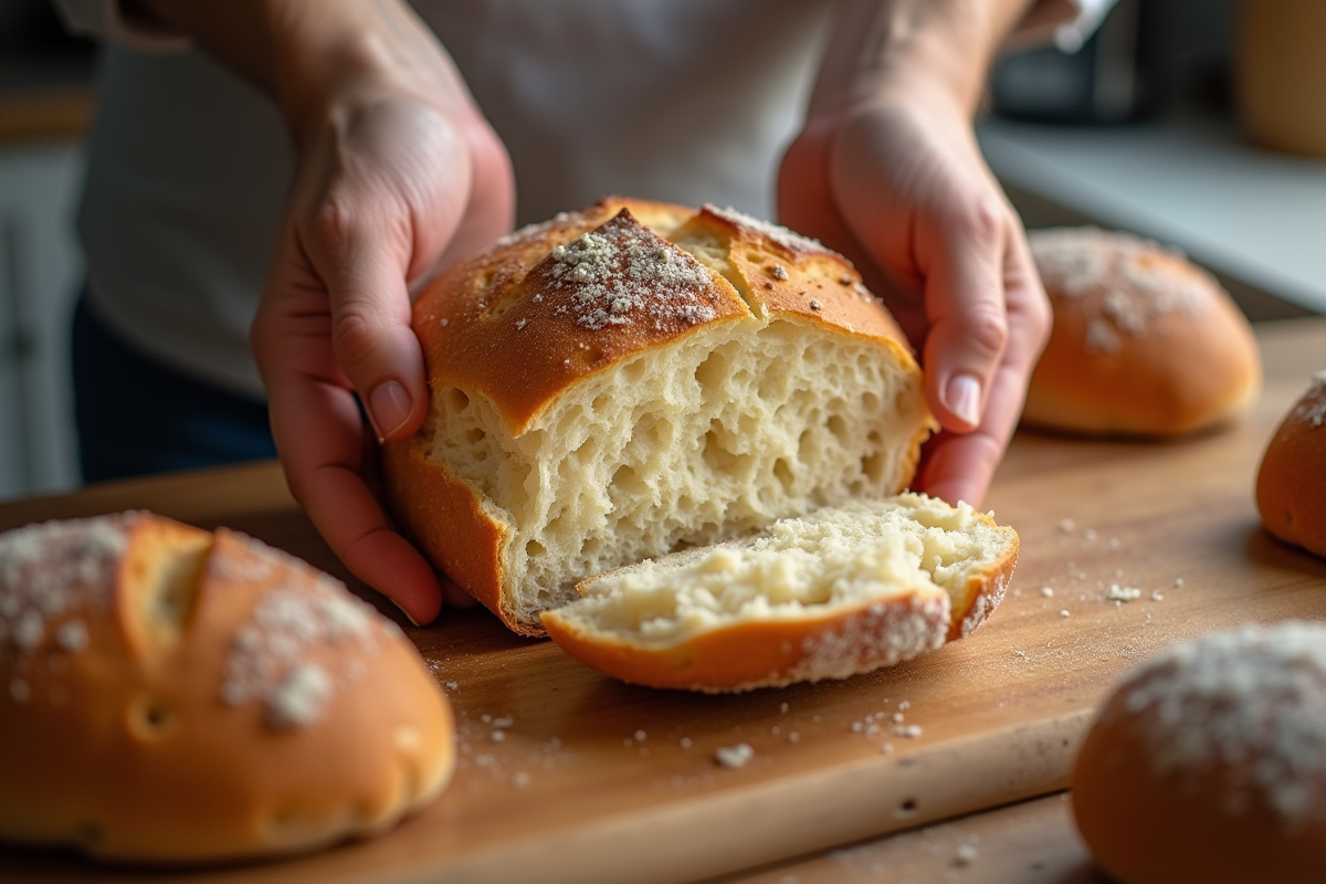 Mains cassant un pain maison révélant intérieur moelleux