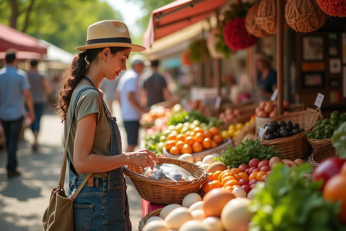 Personne achetant poissons et produits laitiers au marché