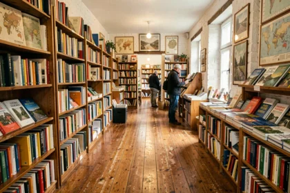 Intérieur d'une librairie indépendante en Finistère avec des rayonnages en bois chargés de livres colorés et une atmosphère chaleureuse typique des librairies bretonnes