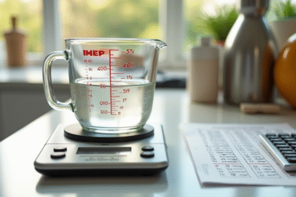 Verre doseur rempli d'eau sur une balance de cuisine avec calculatrice