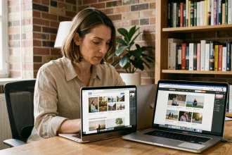 Photographe professionnelle comparant deux galeries en ligne sur des ordinateurs portables lors d'une migration de plateforme