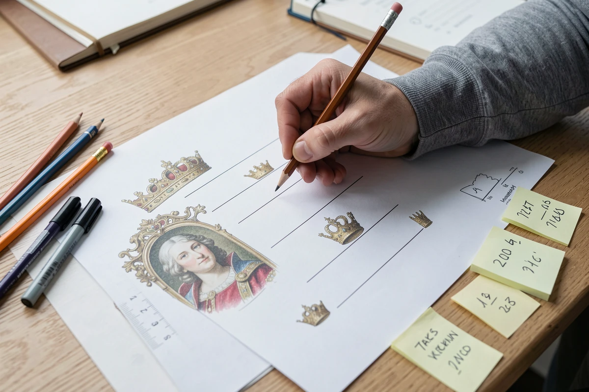 Modèle de frise des rois de France personnalisable posé sur un bureau avec crayons et annotations