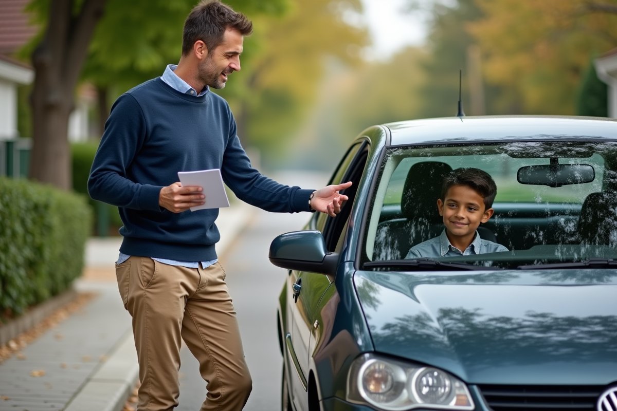 Moniteur aidant un adolescent dans une voiture en rue calme
