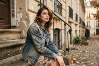 Jeune femme nostalgique assise sur des marches parisiennes, évoquant l'univers poétique de la chanson Morgane de toi de Renaud