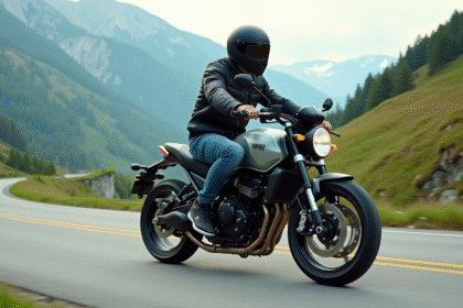 Jeune homme en moto sur route de montagne en liberté