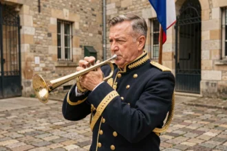 Musicien militaire en uniforme traditionnel français jouant du clairon dans une cour historique de caserne