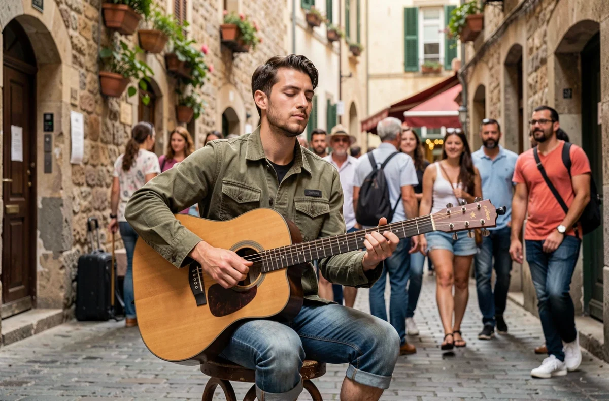 Musicien de rue jouant de la guitare acoustique lors du festival gratuit de Lyon sur une rue pavée