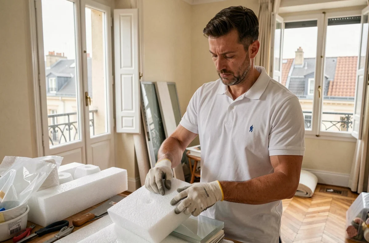 Un professionnel de Nova Clean emballant des objets fragiles dans un appartement à Tours en Indre-et-Loire