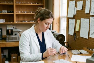 Opticienne ajustant des lunettes dans un atelier de fabrication optique avec agenda de commandes de Noël