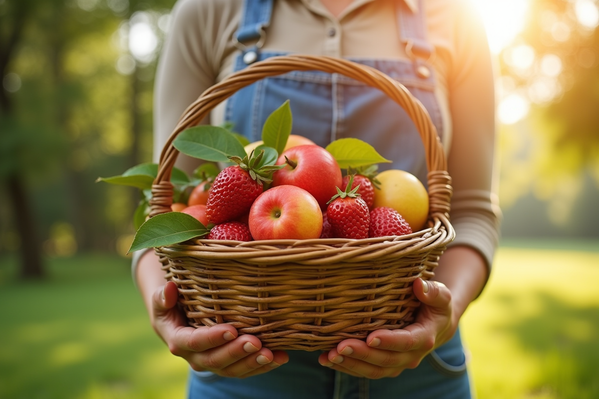 Personne tenant un panier de fruits Y dans un jardin en plein air