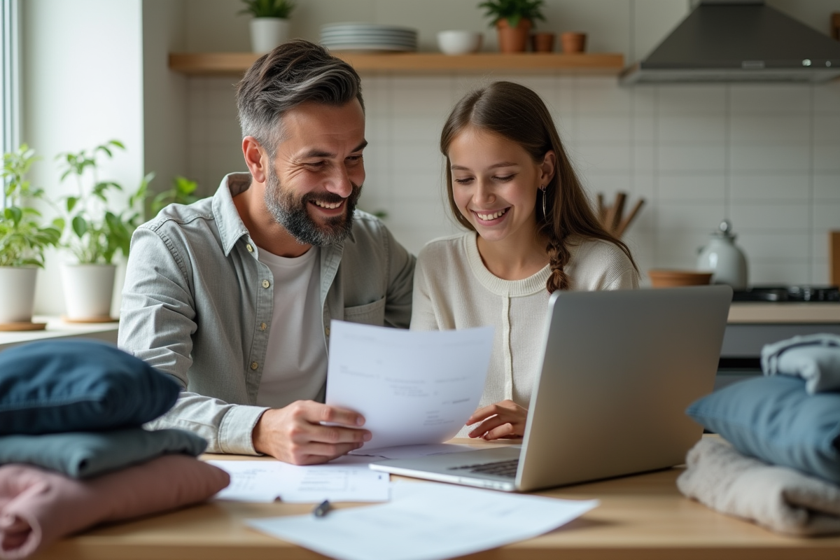 Père et fille discutant de leur budget à la maison