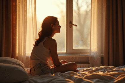 Personne assise au lit regardant par la fenêtre au matin
