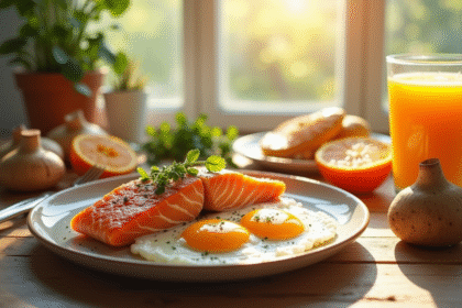 Table de petit déjeuner avec saumon eggs et jus enrichi