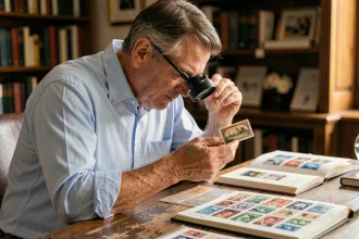 Philatéliste expert examinant un timbre rare à la loupe sur un bureau ancien entouré de catalogues de cotation