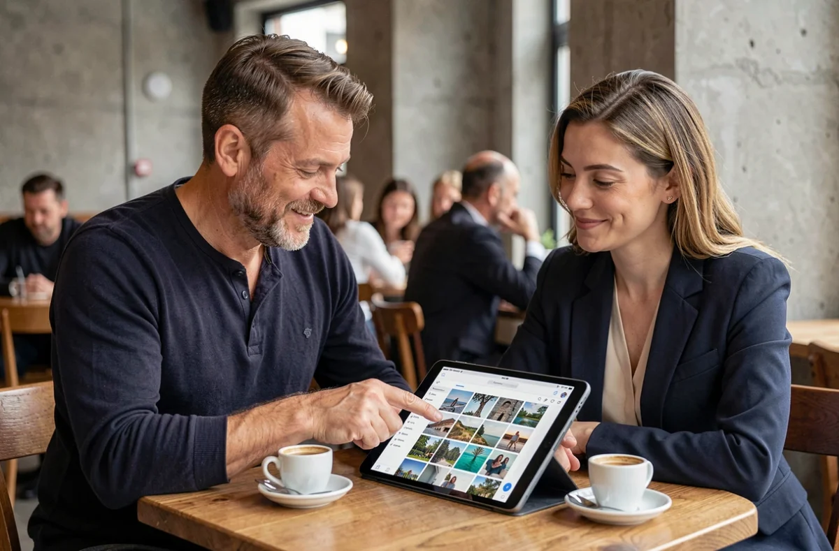 Photographe expliquant la migration vers une nouvelle galerie en ligne à sa cliente fidèle dans un café