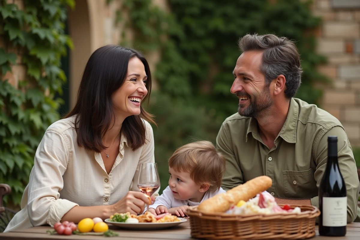 Parents et enfant en pique-nique familial devant un site historique gallo-romain à Eauze dans le Gers