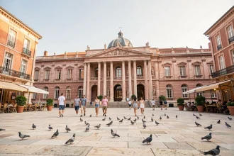 Place du Capitole à Toulouse avec sa façade rose et ses promeneurs, vue grand angle pour carte touristique